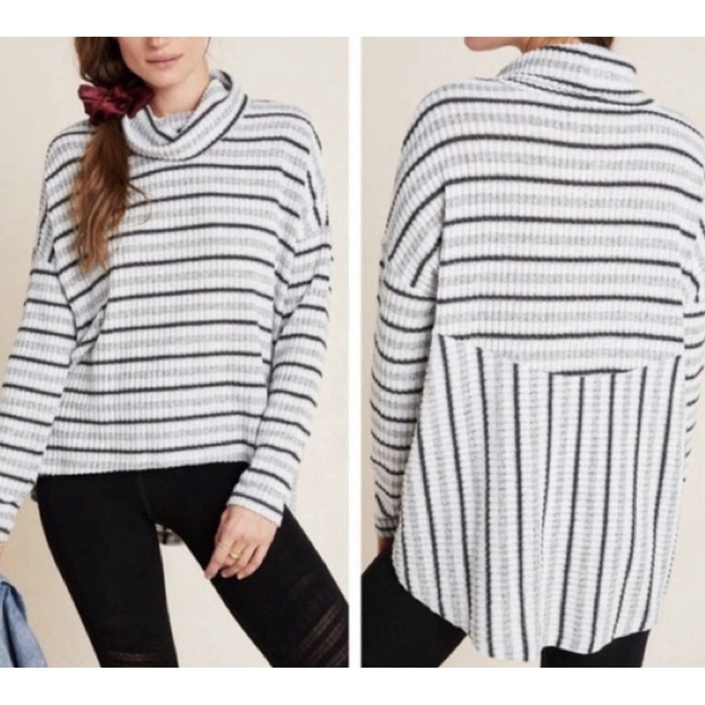 Anthropologie Saturday Sunday Stripe Cowl Neck Sweater Pippa Hacci Gray White XS